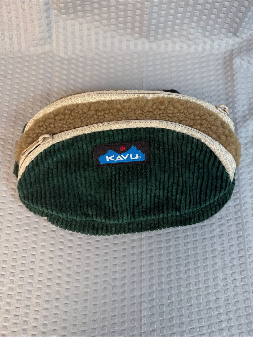 Kavu Forest Green Corduroy Belt Bag with Tan faux Sherpa Trim.  0726.006